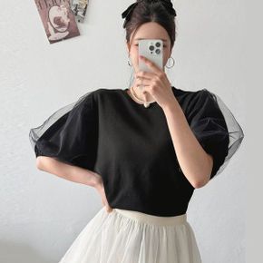 이중 망사 벌룬 소매 여름 루즈핏 블라우스 빅사이즈 티셔츠 F257_P420740334