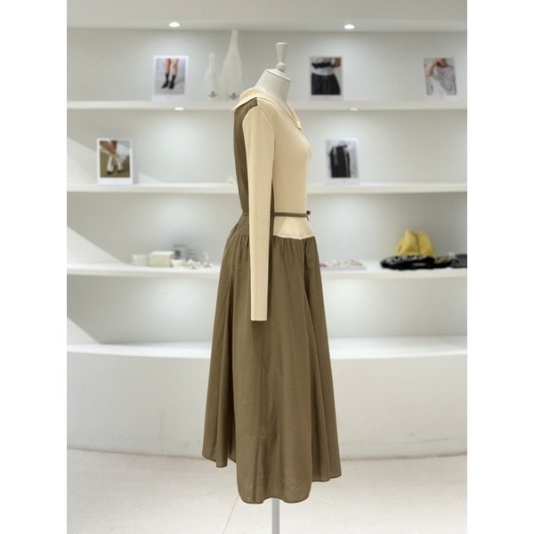 [여주점] 여성 벨티드 포인트 니트 블록 롱 원피스 (L254PSE035)