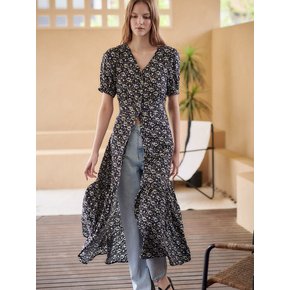 FLORAL PRINT ROBE MAXI DRESS [BLACK]