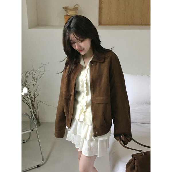 라운드 카라 스웨이드 봄버 자켓_brown