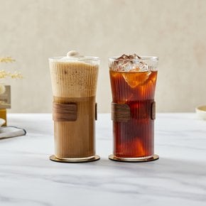 소울카페 우드홀더 플리츠 내열 유리잔 500ml 2P