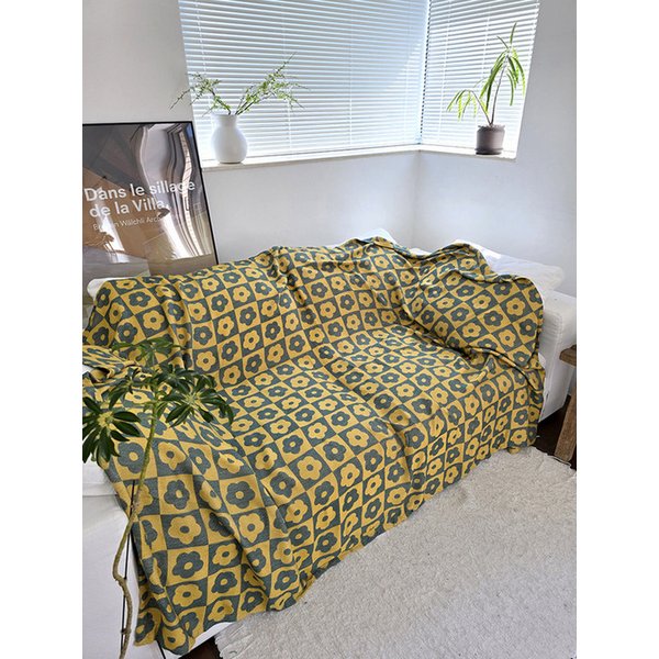 옐로우 플라워 체크 거즈 블랭킷 겸 이불 소파커버