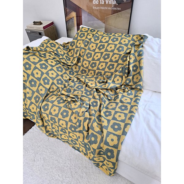 옐로우 플라워 체크 거즈 블랭킷 겸 이불 소파커버