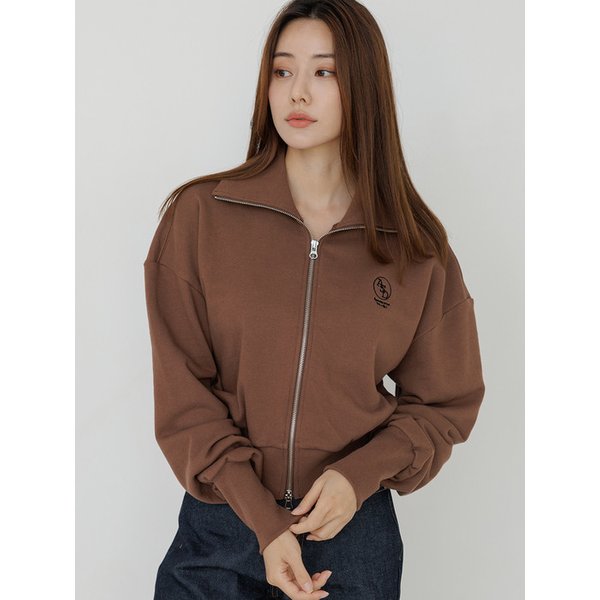 하이넥 집업 크롭 가디건 브라운