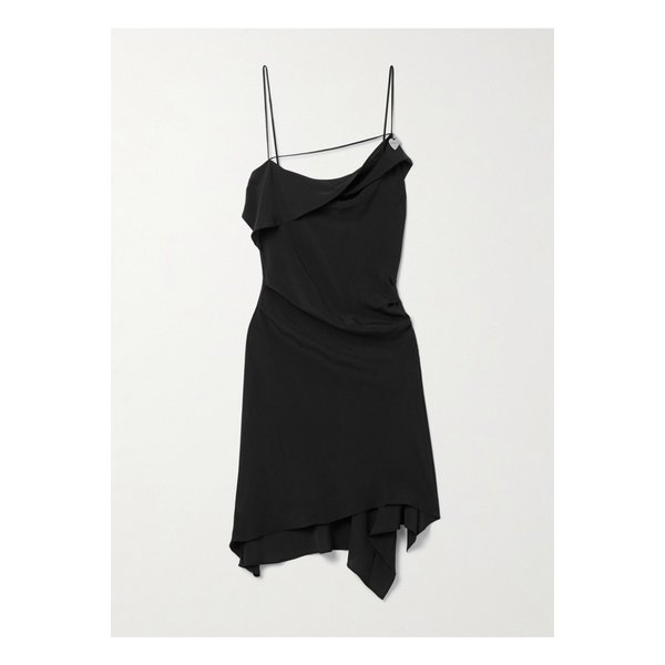 비대칭 오픈 백 드레이프 크레이프 미니 드레스 블랙 1647597344753603