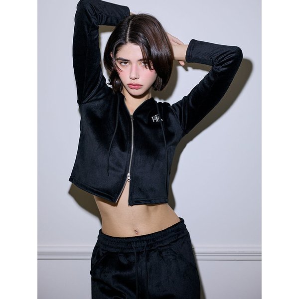 Velvet Two-way Hood Zipup [Black]