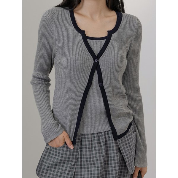 CONTRAST TRIM KNIT CARDIGAN SET (3COLOR)