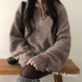 / 이효 오버핏 오픈 카라 레더 패치 보카시 울 니트