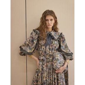 Paisley-Print Corduroy Wide-Collar Ruffle Ribbon Long Dress