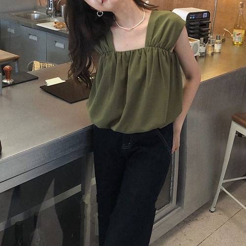 슈팅스타 / 스퀘어넥 주름 민소매 나시 블라우스 225534