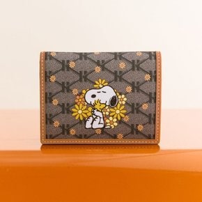 [PEANUTS X HAZZYS] 시그니처 패턴 브라운 가죽 스누피 슬림 반지갑 HIWA4F302W2