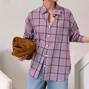 꾸안꾸 루즈핏 체크 패턴 긴팔 셔츠 면100 아우터형 간절기 가을 레이어드 남방_P403954649