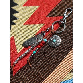 navajo feather & beads keyring brown