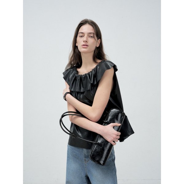 [리퍼브] 25 Fall_ Black Fake Leather Ruffle Top