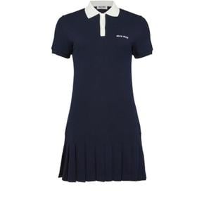25 SS 미우미우 폴로칼라 코튼 피케 플리츠 숏슬리브 폴로 드레스 네이비
