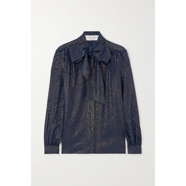 푸시 보우 핀스트라이프 메탈릭 실크 시폰 블라우스 네이비 1647597302310250