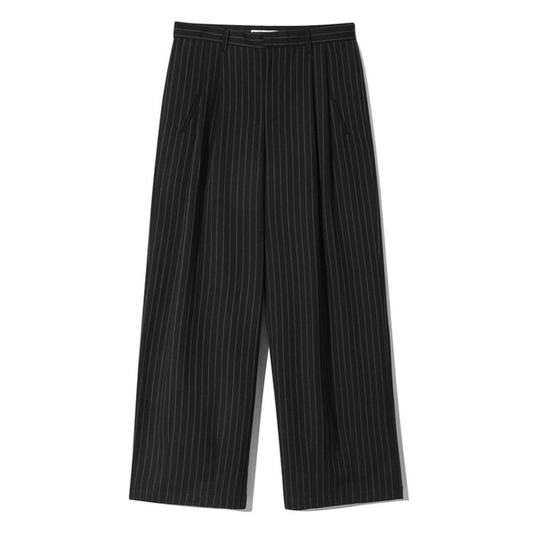 투턱 와이드 스트라이프 슬랙스 블랙