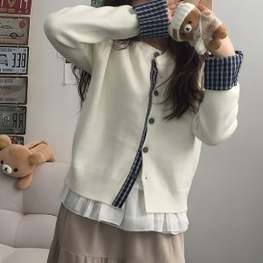 모노 긱시크 셔츠 체크 배색 니트 가디건