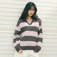 로라로라 WOOL BLENDED COLLAR STRIPE BOARDER KNIT GY+PK