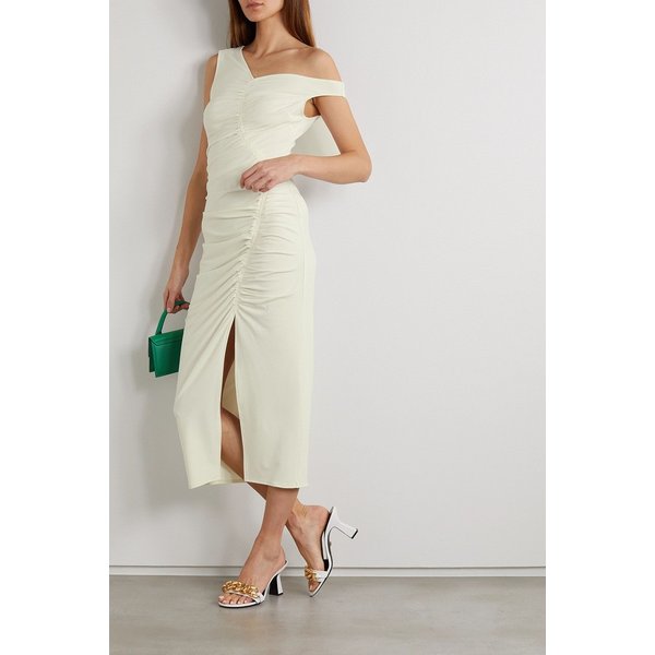 Asymmetric ruched stretch-jersey midi dress 화이트 1647597347986491