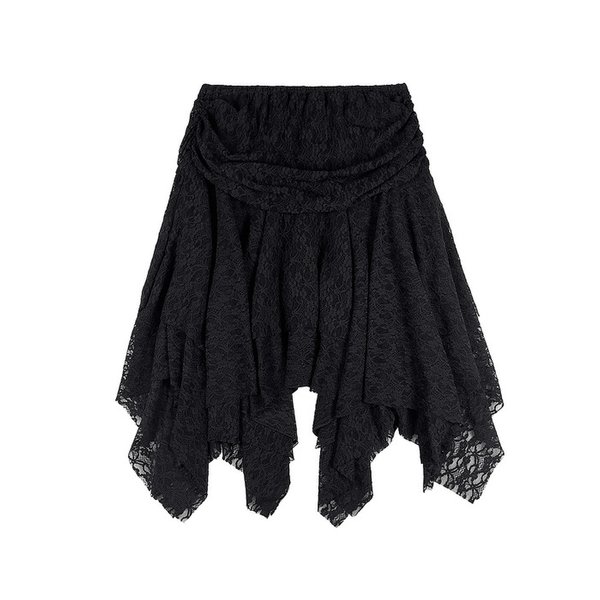 FAIRY UNBALANCED SHIRRING FLARE RUFFLE SKIRT BLACK