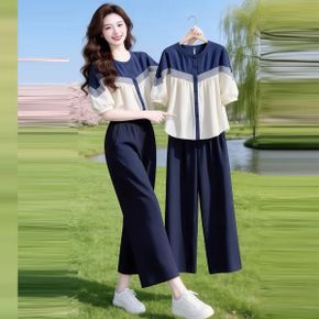 여성 반팔 블라우스 투피스 세트 5부소매 셔츠+와이드 팬츠