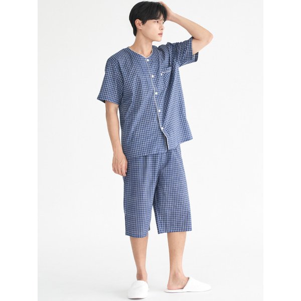 페인체크 반팔 순면 남성 빅사이즈 잠옷 세트