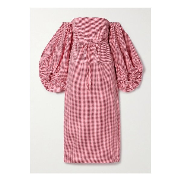 로지 애슐린 오프숄더 깅엄 코튼 시어서커 미디 드레스 레드 46376663162856505