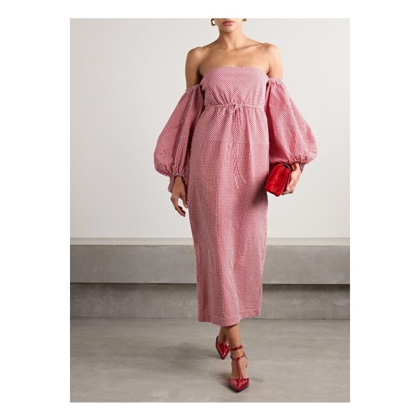 로지 애슐린 오프숄더 깅엄 코튼 시어서커 미디 드레스 레드 46376663162856505
