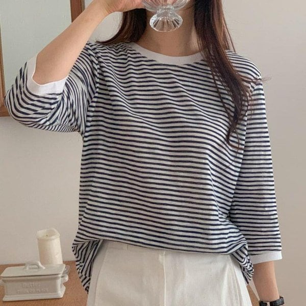 [옷자락] 여자 링거라운드 칠부티 단가라 베이직핏 면 티셔츠