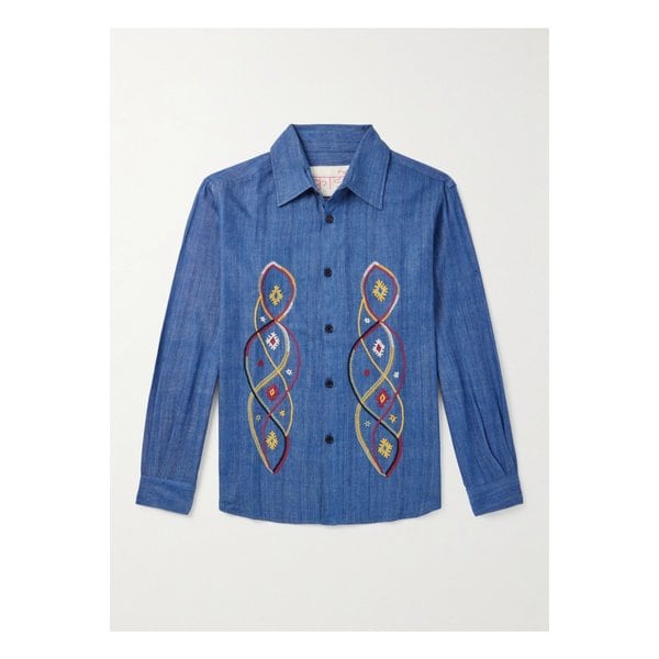 루이스 자수 코튼 샴브레이 셔츠 블루 46376663162909222