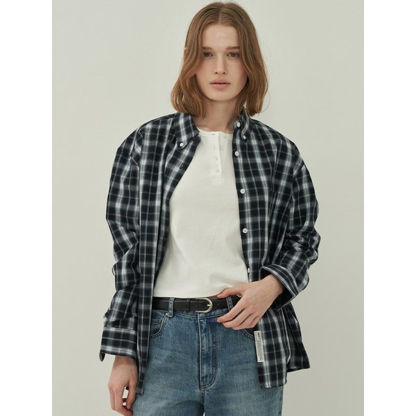 버튼 다운 체크 셔츠-Black Navy