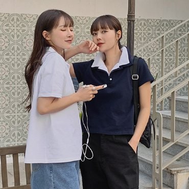 핫핑 [루즈/베이직/크롭][3기장] 썸머피케이 코튼 20수 카라 반팔티셔츠 P000CJDE1