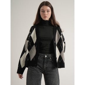 V-neck Overfit Argyle Knit Cardigan (Black)