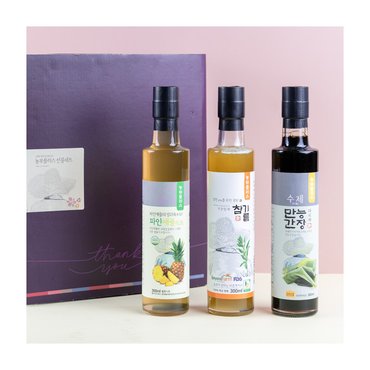 경북고향장터 사이소 농부플러스 저온착유 참기름+만능다시마간장+다시마식초 300ml 3병 선물세트