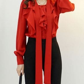 / 풍성한 러플 프릴 긴팔 타이 리본 쉬폰블라우스