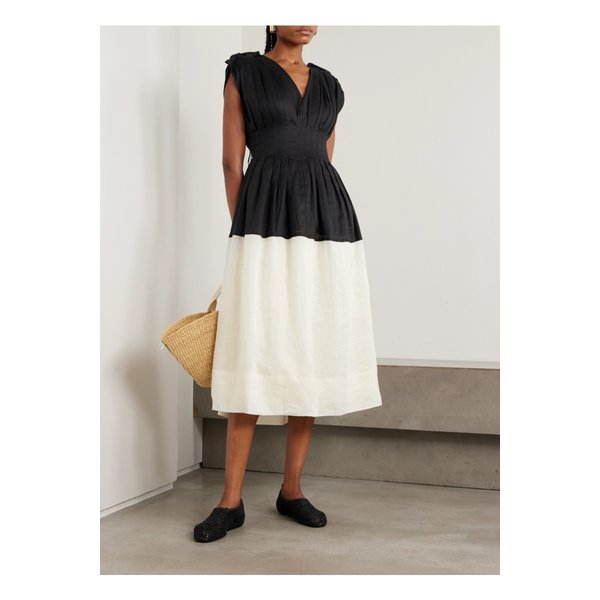 니콜라 투톤 핀턱 라미 미디 드레스 블랙 46376663162873829