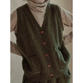 Wool tweed vintage V-neck open vest knit -4color