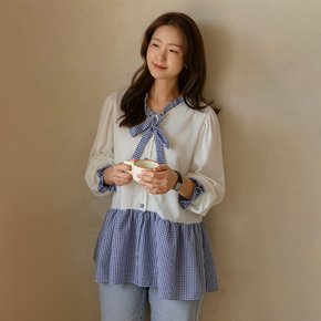 [66-110] 버크 리본 체크 배색 주름 블라우스