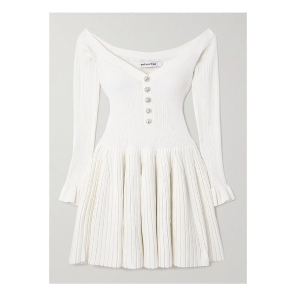 오프숄더 플리츠 골지 니트 미니 드레스 화이트 1647597358034149