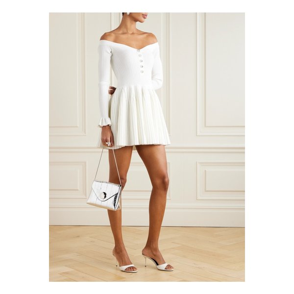 오프숄더 플리츠 골지 니트 미니 드레스 화이트 1647597358034149