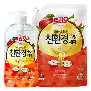  트리오 발효식초 담은 친환경주방세제(용기680ml 1개 + 리필1.2L 1개)