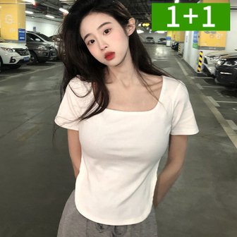 OMT 1+1 U넥 여성 여름 반팔티 크롭티 XL 무지 티셔츠