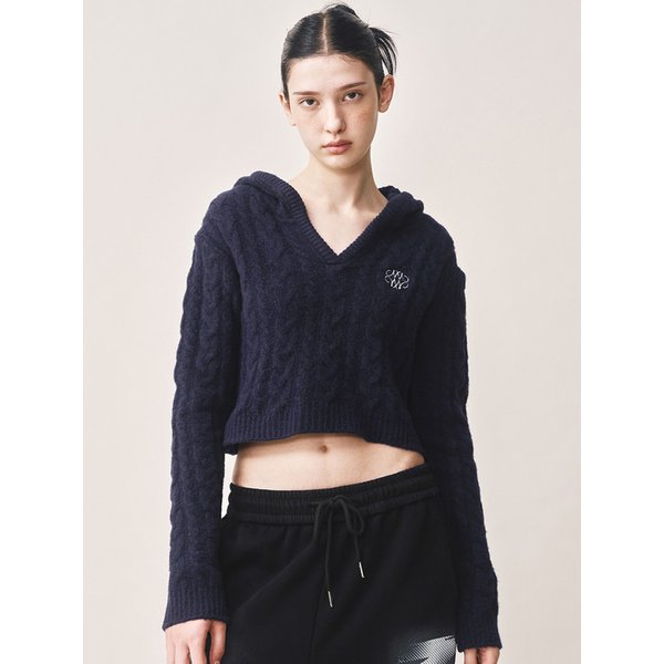 SOFT CABLE HOOD CROP KNIT_NAVY