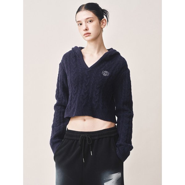 SOFT CABLE HOOD CROP KNIT_NAVY