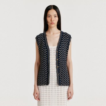 EENK YUTA Lace Textured Knit Vest - Navy/Cream