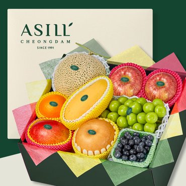 아실 [9/22일 순차출고][아실청담] 제철과일 선물세트 삼색다담 1호 4.7kg 입추 (멜론 샤인머스캣 사과 배 오렌지 애플망고 태국망고 블루베리)