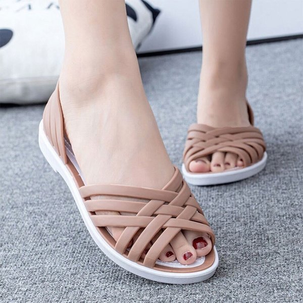 [옷자락] 여자 파스텔 위빙 크로스 젤리슈즈 여름 플랫 샌들