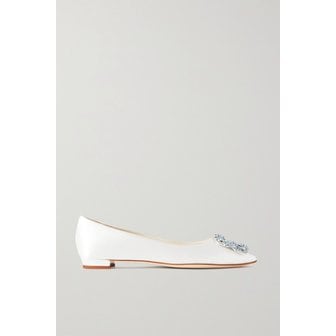 마놀로블라닉 한기시 플랫 크리스털 장식 새틴 포인트 토 플랫 화이트 1647597322040921