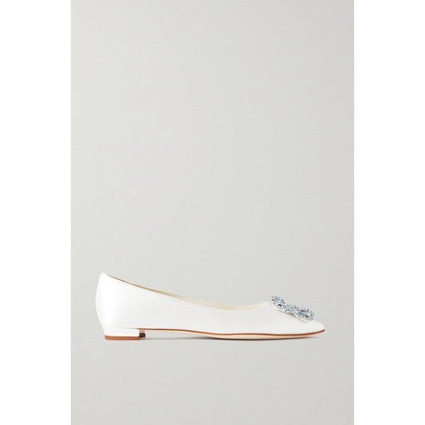 한기시 플랫 크리스털 장식 새틴 포인트 토 플랫 화이트 1647597322040921